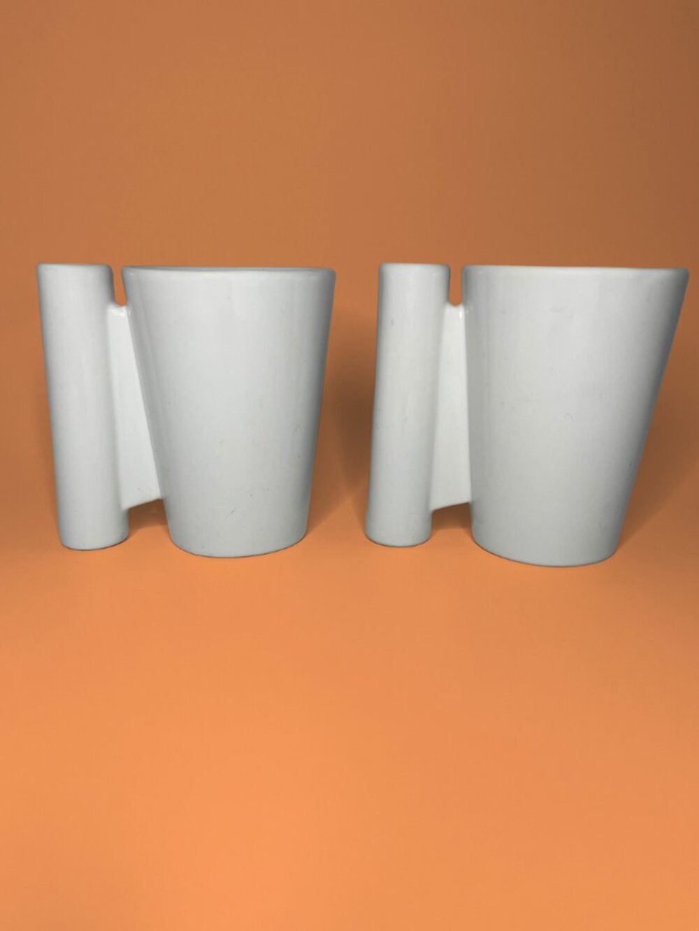 2000s CB2 White Ceramic Postmodern Mugs Pair - Architectural Cylindrical Handle